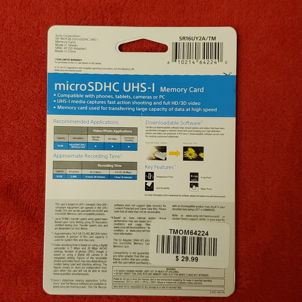 16 GB SONY SDHC Micro Memory card